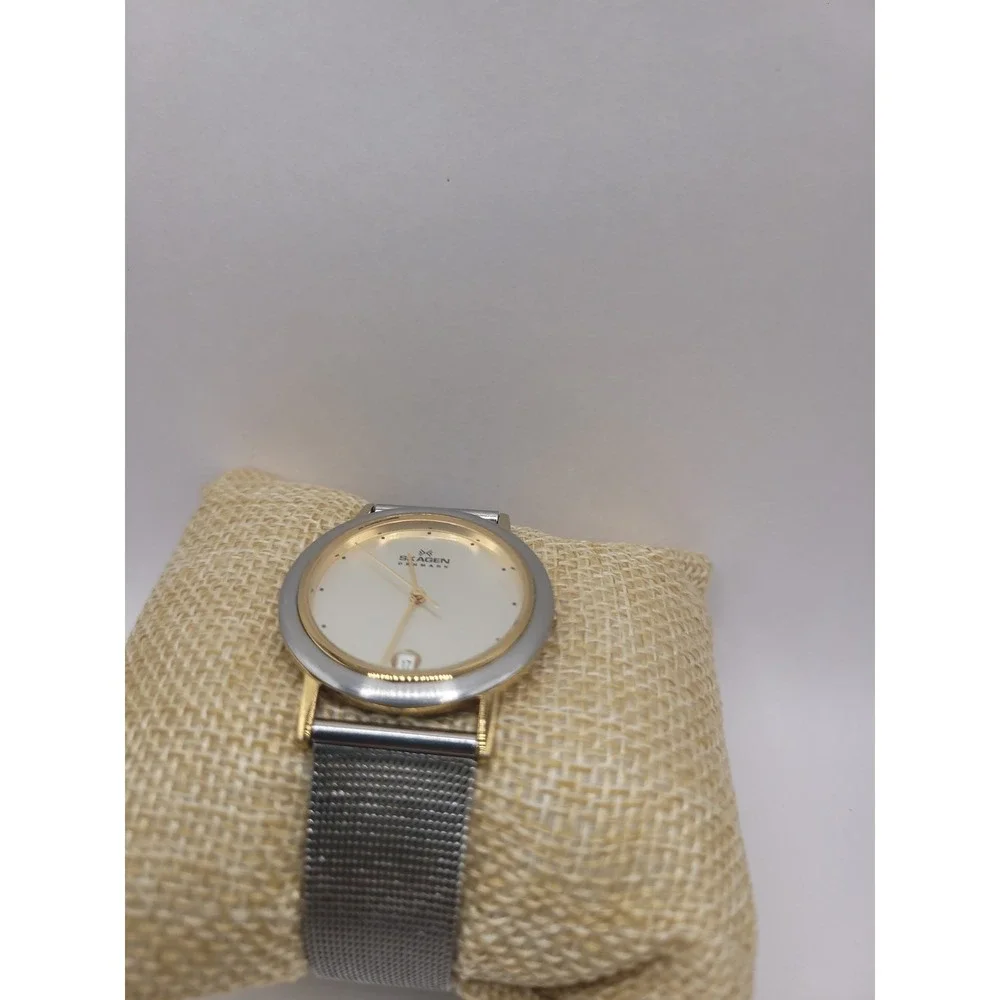Skagen Denmark 16LGS Two Tone Quartz Watch Date Mesh Band 33.5mm